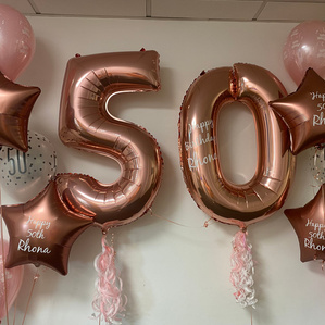 Rose gold 50 and 2 displays with personalised stars x 2 and pale pink latex x 3