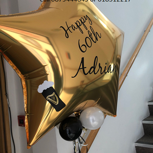 A large personalised balloon star available in multiple colours  for birthdays.