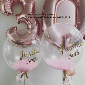 Large balloons numbers with feather balloons and personal message made this birthday balloon display outstanding, as always, by Dublin Balloons.