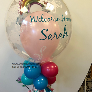 A large personalised clear balloon with a welcome home message.  This is available in lots of great colours.