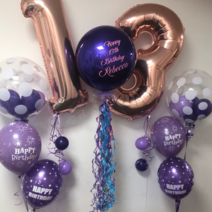 Purple balloons for a teenager.  Purple and rose gold is the theme with tassels on the large number balloons.