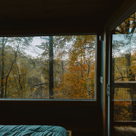 Corner of a bed in a treehouse cabin with a large picture window showing the Autumn woods