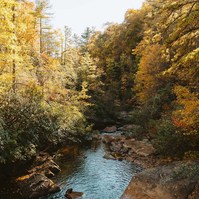 A river cuts through the banks of smooth rock surrounded by Autumn colours