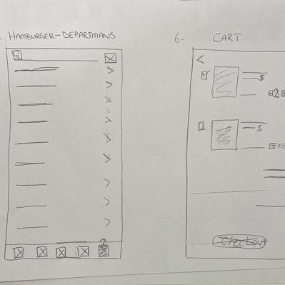Rough sketches for the hamburger menu and shopping cart pages