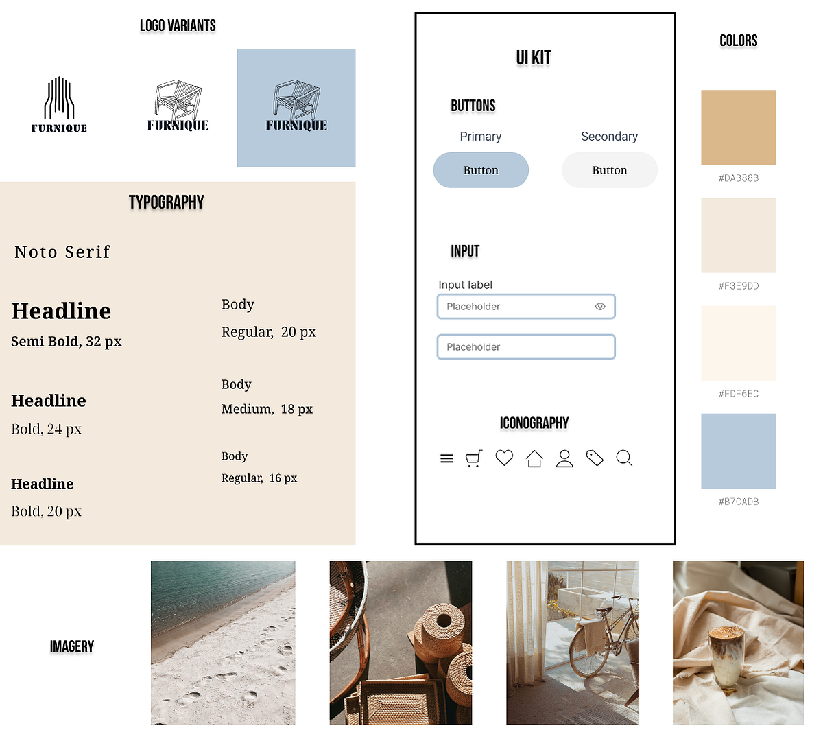 The app's style tile, includes logo variations, fonts, and a pastel color palette. Contains imagery and button style.