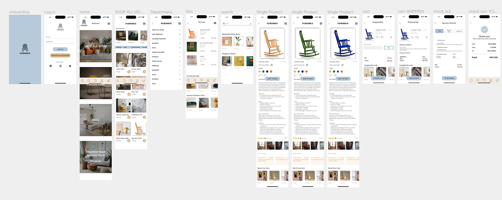 Furnique's prototypes with all pages. Shows onboarding, login, home, all products, search, lists, three detailed single product pages, shopping bag, and purchased pages.