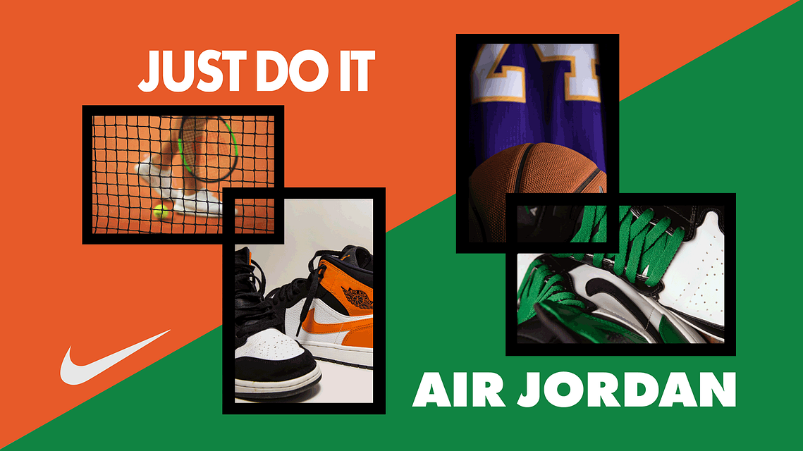 A scene from the Nike Motion Graphics video, a green and orange background color divides the screen in half at the corner, 4 photos with Sneaker model names and the Nike logo are used.