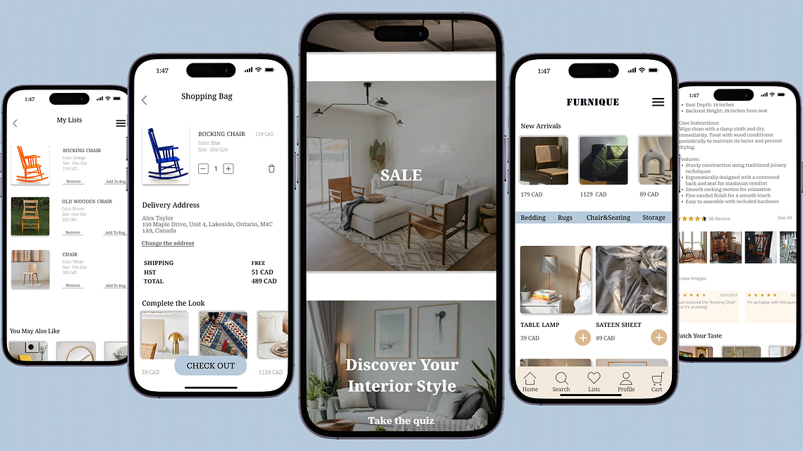 Screenshot compilation from the 'Furnique' mobile app interface, showcasing a user-friendly shopping experience for furniture.
