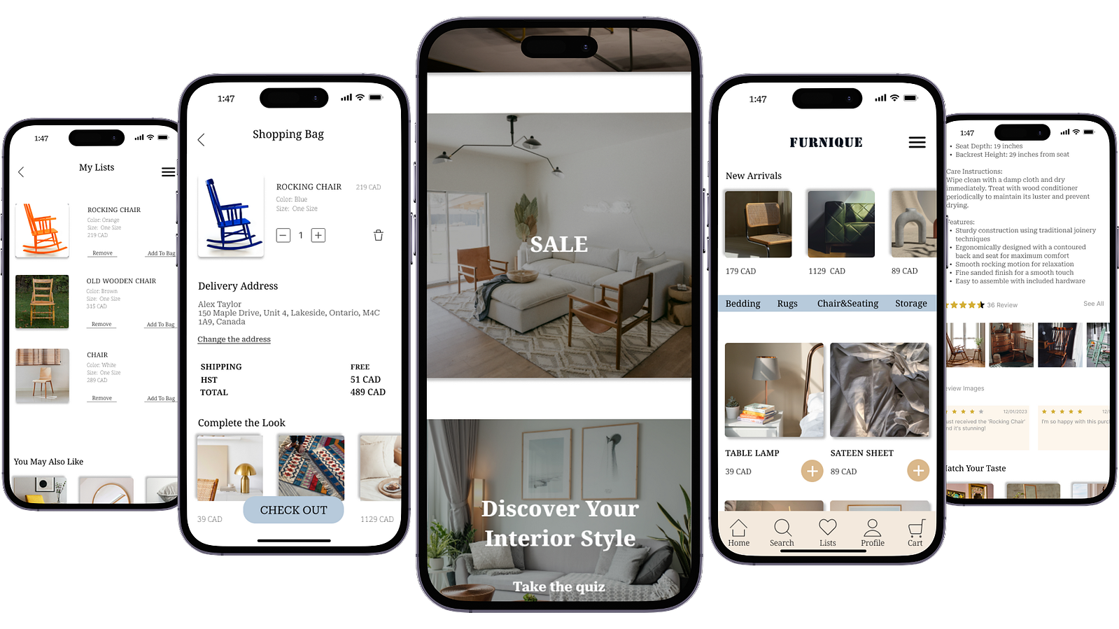 Screenshot compilation from the 'Furnique' mobile app interface, showcasing a user-friendly shopping experience for furniture.