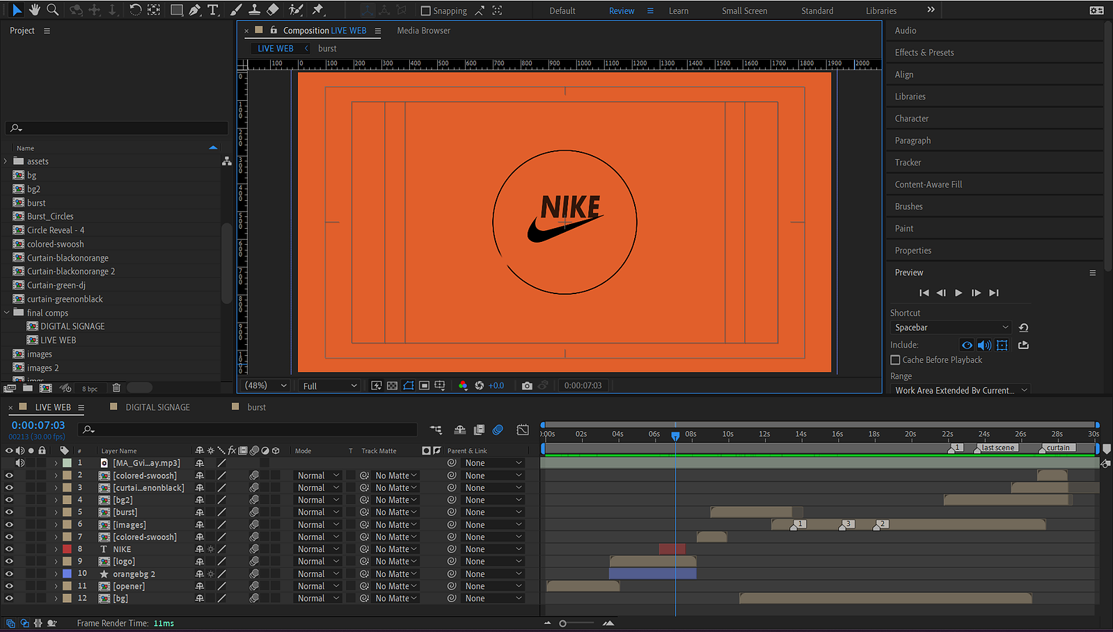 A scene from the video shows the orange background Nike logo animation in the After Effects workspace.