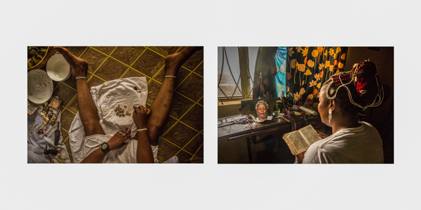 An ‘Osun’ priestess, Osunlayomi during an ‘Olokun’ divination process inside her shrine, and Osunlayomi reading her favourite part of the holy bible, Psalms 91 inside her room at Iyin-Ekiti, Nigeria