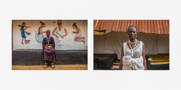 Portraits of a priestess in front of her shrine and house in Ilogbo-Ekiti, Nigeria 