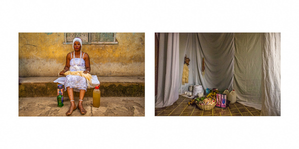 Portrait of ‘Yeye Ekuku Eru’, Osunlayomi sitting in front of her shrine after her annual rituals, and a photo of her ‘Osun’ shrine inside her house in Omuo-Ekiti, Nigeria