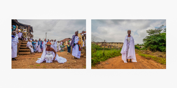Yeye Osun Imila, Omolola in trance during her Osun deity rituals, and a portrait of Omolola standing on the road to the river for further rituals in Usi-Ekiti, Nigeria 