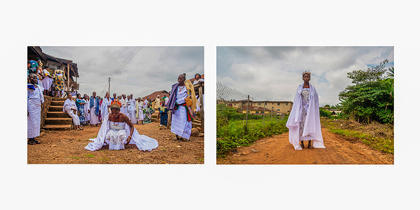 Yeye Osun Imila, Omolola in trance during her Osun deity rituals, and a portrait of Omolola standing on the road to the river for further rituals in Usi-Ekiti, Nigeria 