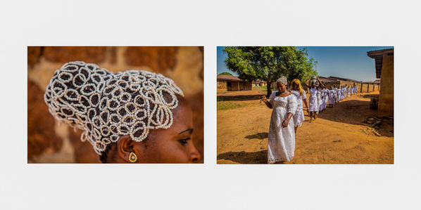 Head dressing made of beads on an Osun priestess leading other priestesses and devotees to the Soun river in Igogo-Ekiti, Nigeria for their annual sacrifice.