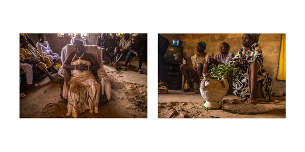 An Ogbese priestess sitting while in trance during her annual rituals, and a calabash containing water from the Ogbese river with old women who are the custodians of the deity sitting around it in Awo-Ekiti, Nigeria 