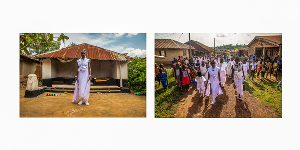 A deity standing in front of her shrine in Ilogbo-Ekiti, Nigeria. And leading other priestesses and devotees in a procession around the town. 
