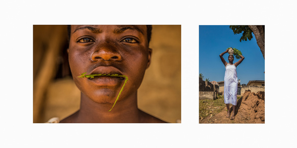 An Ogbese votary maid with a leaf in her mouth signifying secrecy. And carrying on her head a calabash with water from the Ogbese river in Awo-Ekiti, Nigeria