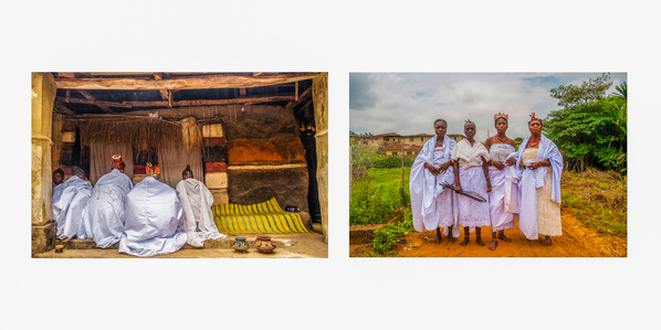 Four women deities of Usi-Ekiti, Nigeria in a prayer session inside their shrine, and their group portrait standing on the road to the river for further rituals during their annual festival