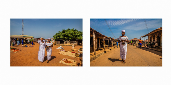 Symbolic purification and cleansing of the Igogo-Ekiti community and market by the Osun deity, and a portrait of a votary maid holding the calabash containing water from the Osun river