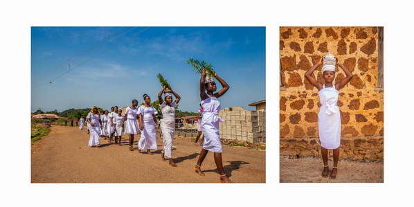 An Osun votary maid carrying a calabash on her head containing water from the Osun river, and leading a procession of Osun priestesses across Igogo-Ekiti town, Nigeria