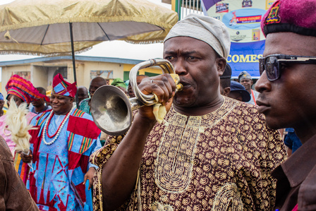 The Ataoja of Oshogbo leads the procession around the town during iwopopo, one of the activities to celebrate the annual Osun-Oshogbo festival. Festival Culture Tradition