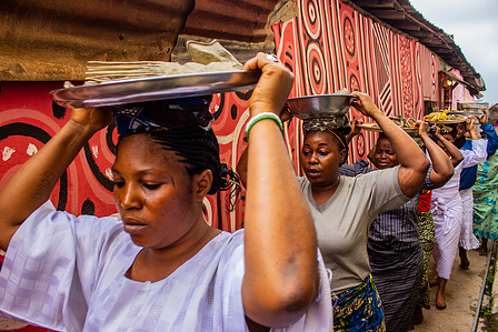 Osun devotees carry sacrificial items to the Osun River for rituals during the grand finale of the celebration of the annual Osun-Oshogbo festival. Festival Culture Tradition