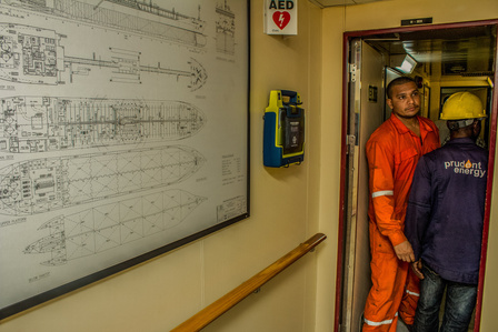 The technical staff inside the vessel during the product offload. Oil and gas