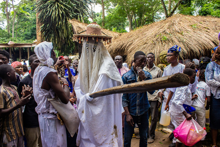 Eyo masquerade display during the grand finale of the celebration of the annual Osun-Oshogbo festival at Ojubo Osun. Festival Culture Tradition