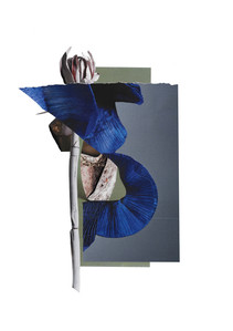 A black figure emerges from the cloth and stems of nature and drapery. 