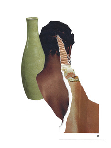 A black figure faces aways from the view. Scraps of glass vases accompany each side of the figure&amp;amp;amp;amp;amp;amp;#x27;s shoulder. This is a depiction of Eurydice from the Greek mythology of the lovers, Eurydice  and Orpheus.