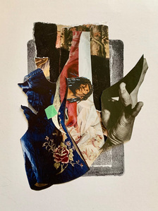 Scatters of fabric cloak the portrait of a young black man in regency-core. 