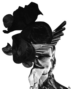 From the seams of haute couture a full figure of a black model appears.