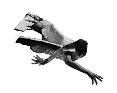 A black male takes flight with white feathered wings.
