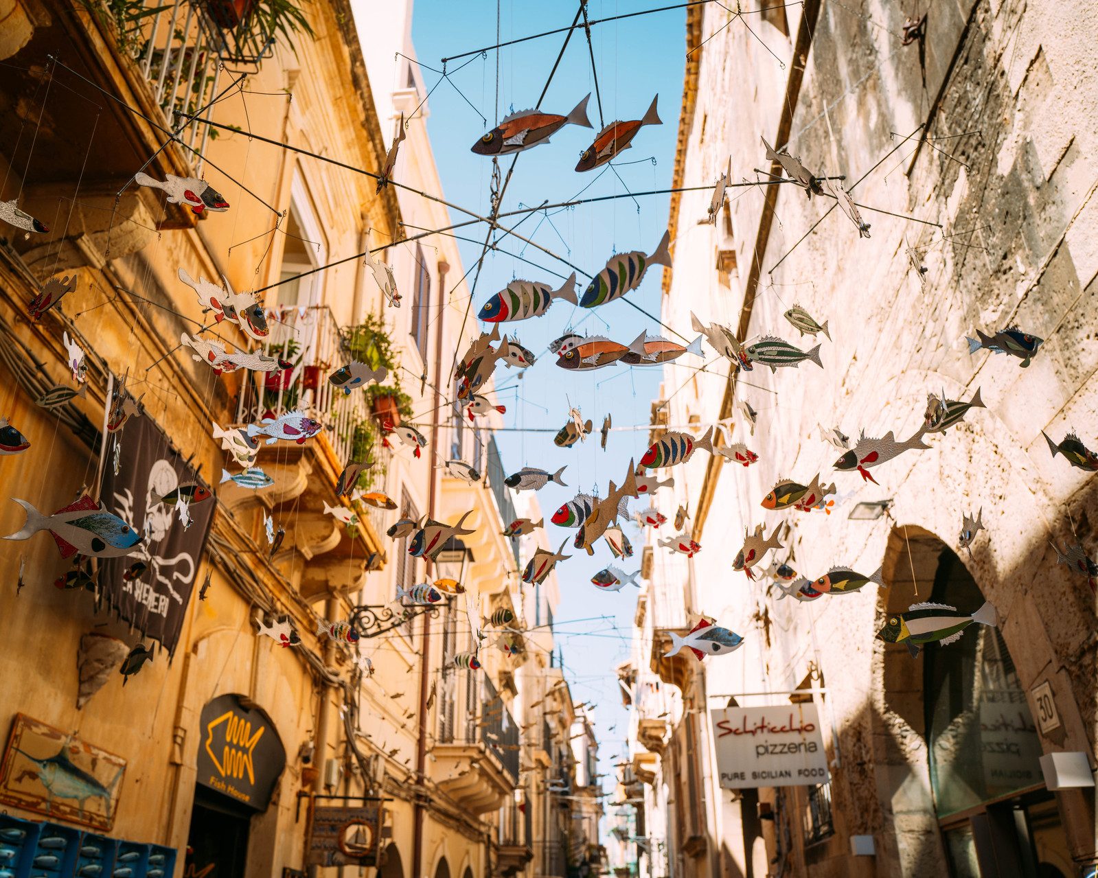 street + travel by mc3 photo, fishes hanging from buildings, in sicily 