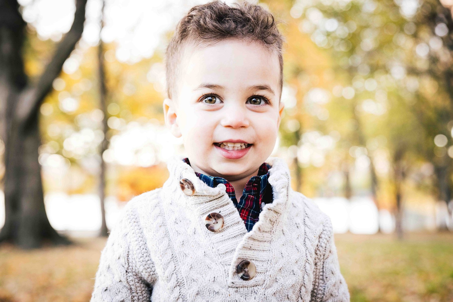 natural smile on a young boy during a family portrait session, yellow fall leaves in the background, mc3 photo family portrait session 