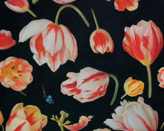 Fragment from an oil painting Forget not, it's never too late to bloom (oval 60 x 50 cm).