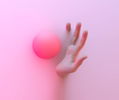CGI hand fading into pink background with ball