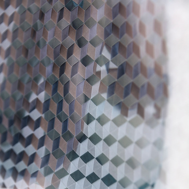 Theo (2018), Three photographic prints on archival vellum, physically cut and woven together, 36¼ x 25½ x ⅛ in; 92.1 x 64.8 x 0.3 cm