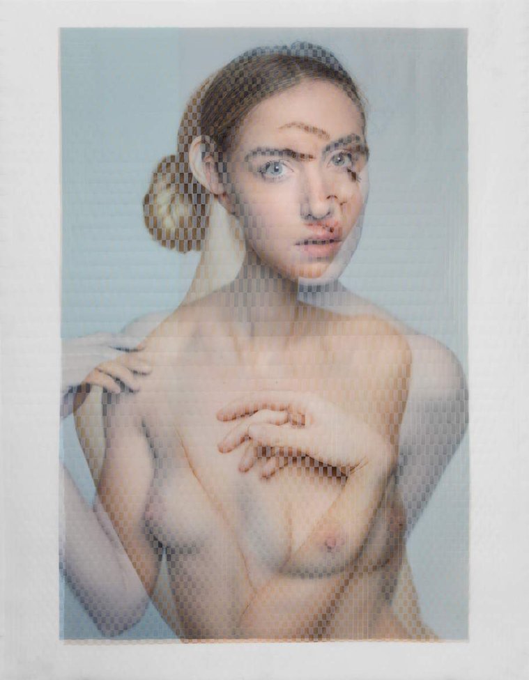 Larena (2017), Photographic prints on archival vellum, physically woven together, 40⅝ x 31⅝ x ¼ in; 103.2 x 80.3 x 0.6 cm