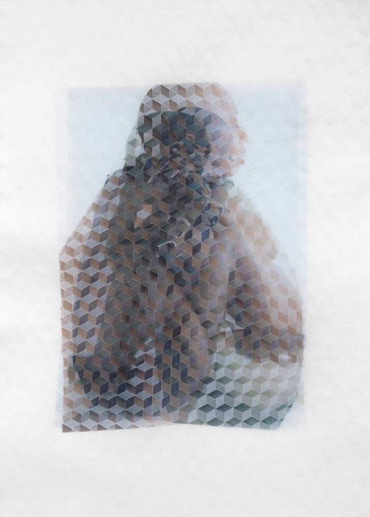 Aisha II (2018), Three photographic prints on translucent vellum, physically cut and woven together, 17¼ x 13⅜ x ⅛ in; 41.8 x 34 x 0.3 cm