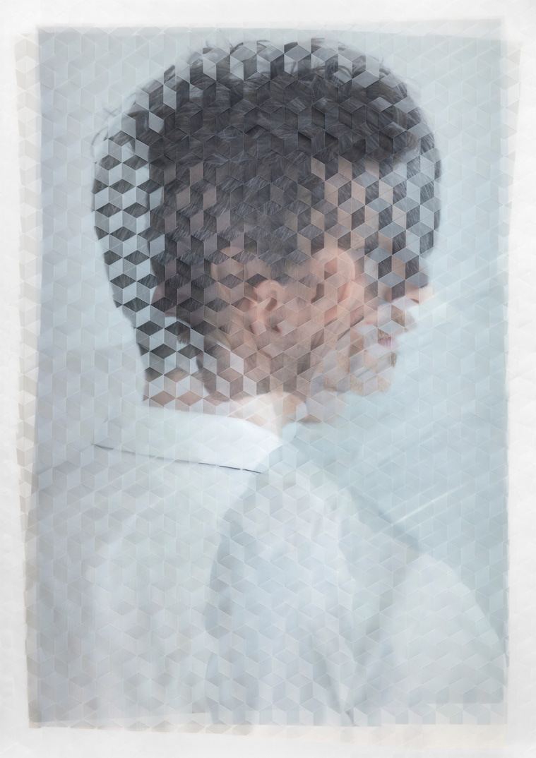 Theo (2018), Three photographic prints on archival vellum, physically cut and woven together, 36¼ x 25½ x ⅛ in; 92.1 x 64.8 x 0.3 cm