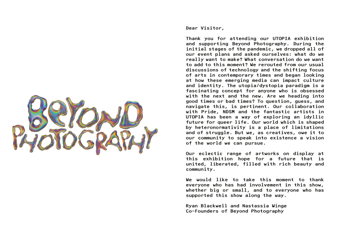 Free archival web zine from the Utopia exhibition by Beyond Photography held at NDSM Fuse in Amsterdam 2021 exploring queer futures in art. 