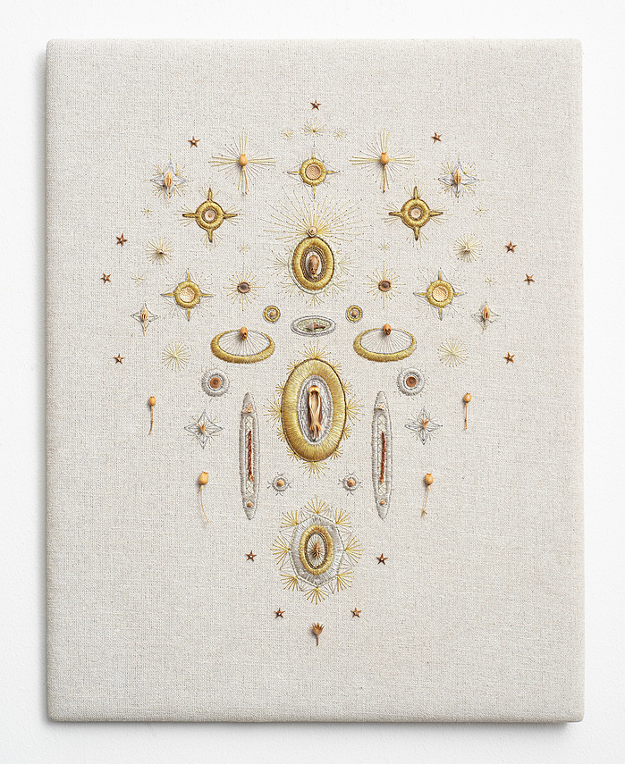 Novelle, 2019 verschiedene Pflanzenteile, Stickgarn, Leinen, 46 x 36cm