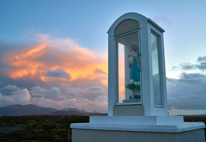 sky, sunset, South Uist. Hebrides, Scotland, orange, blue dramatic, Virgin Mary, statue.
