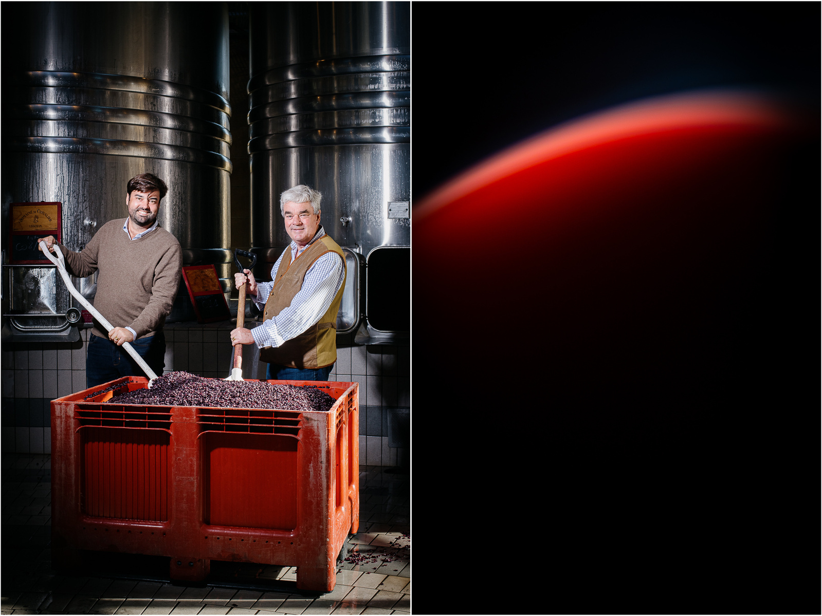 Réalisation pour le Domaine de Chevalier, grand cru classé de Graves, de toute une série d'images associant portraits, vues des vignobles et travaux viticoles. 