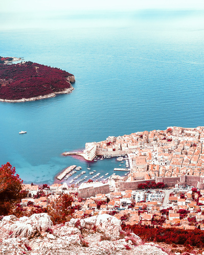 Early morning portrait of the old town in Dubrovnik viewed from the mountains above.