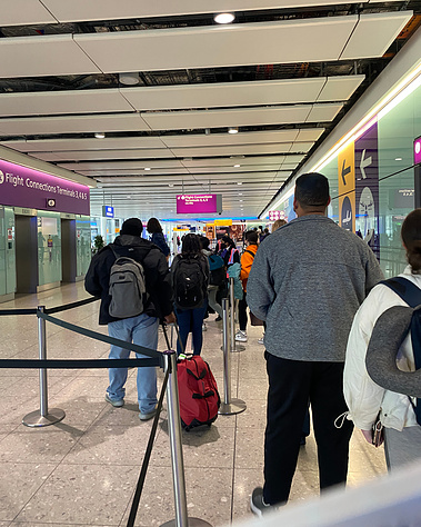 The beginning of the long, long line at Heathrow for Passport Clearing.  The snaked line was about 3 miles long with hundreds of passengers going through.  