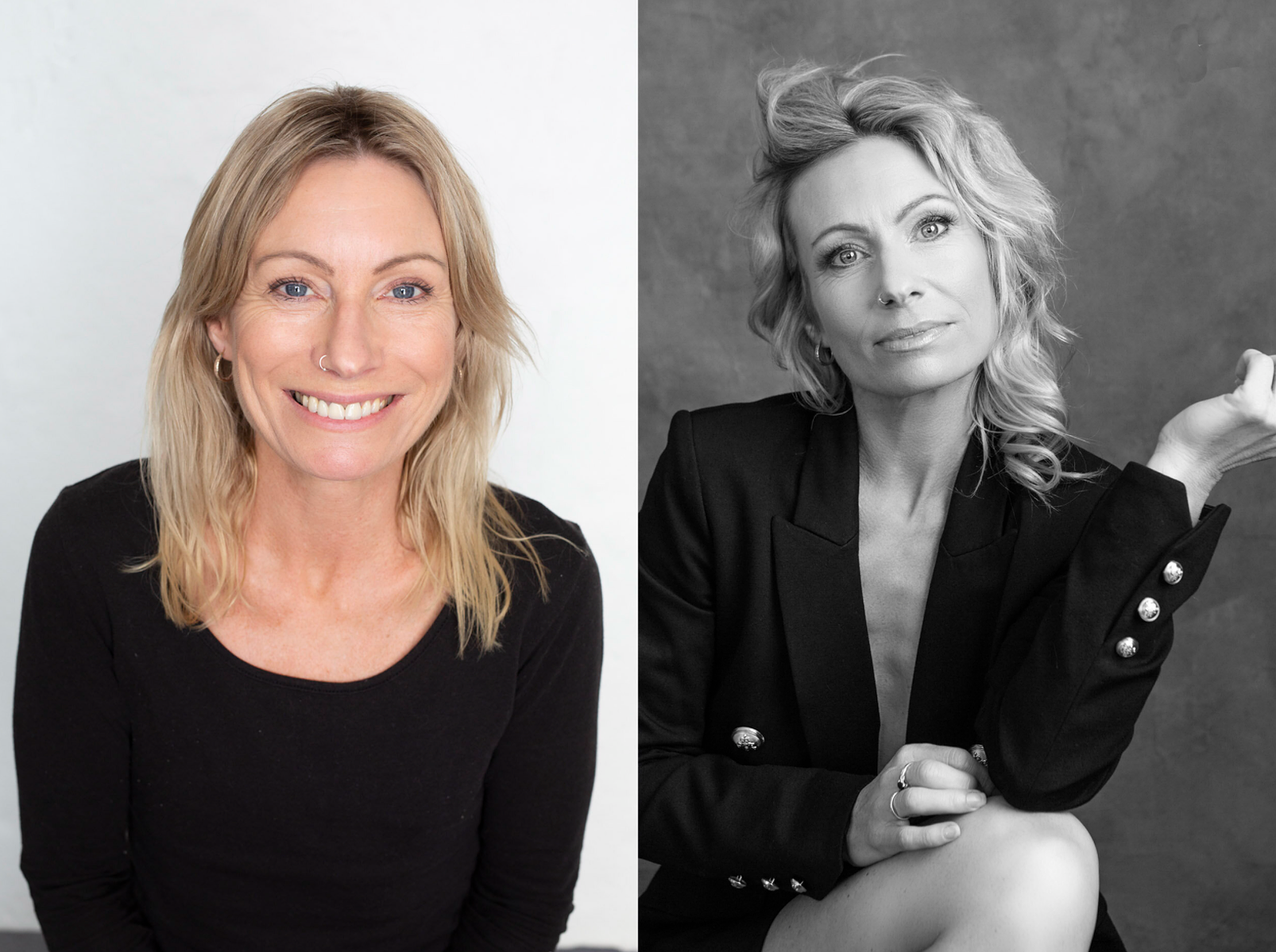 A before and after photo showing an older blonde woman transformed by confidence